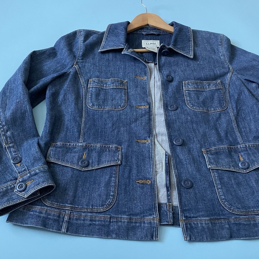 L.L. Bean Women's Denim Utility Chore Jacket Blue Cotton Stretch Petite Medium M - Picture 10 of 12